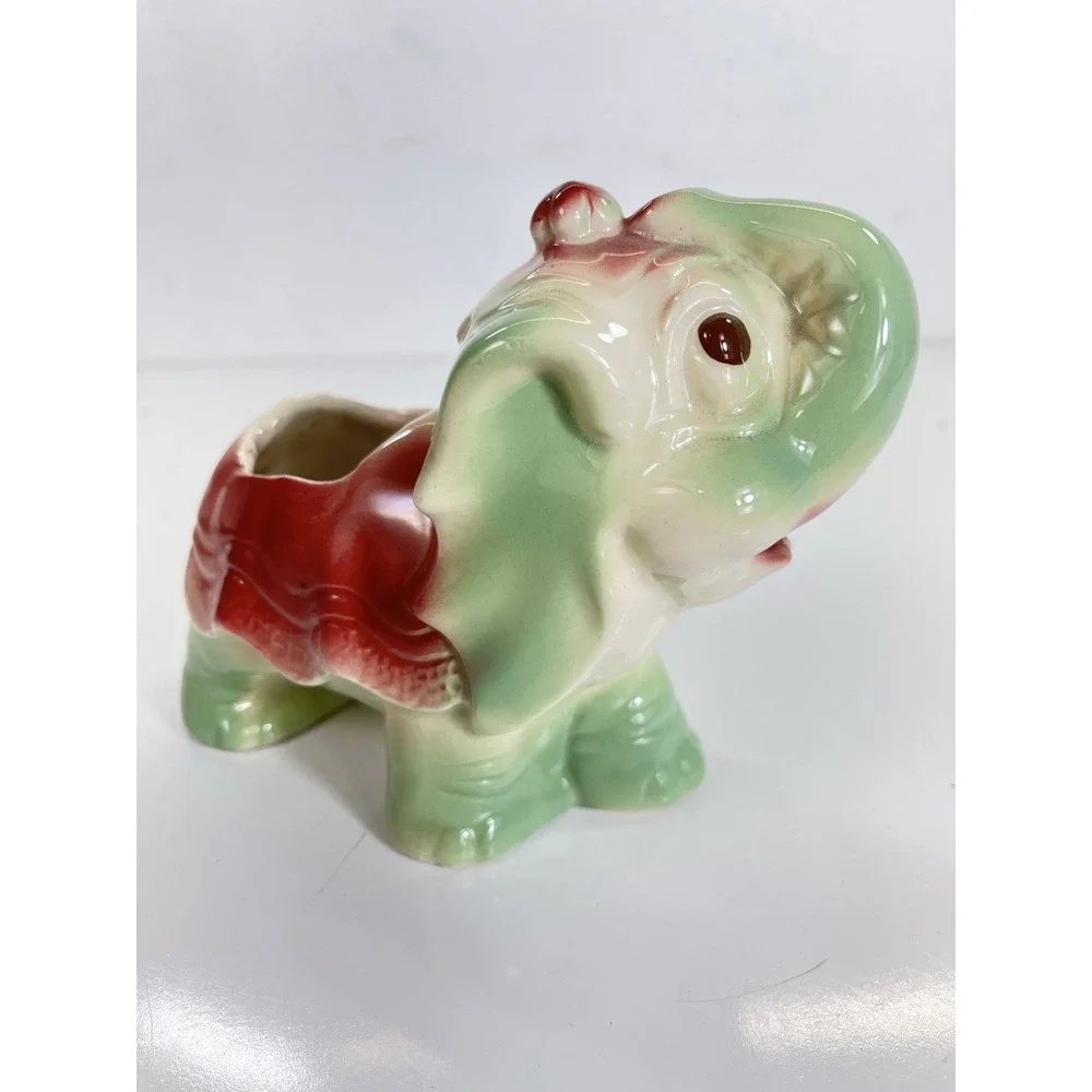 Vintage Shawnee Era Circus Elephant Planter - Trunk Up Good Luck - Pink &‎ Green